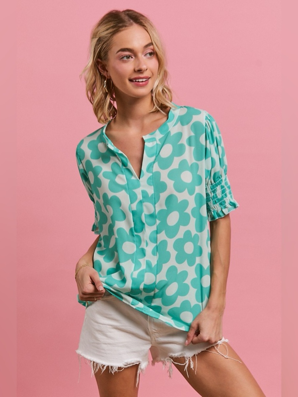 BiBi Flower Printed Woven Smocking Sleeves V Neck Top - Picture 4 of 5